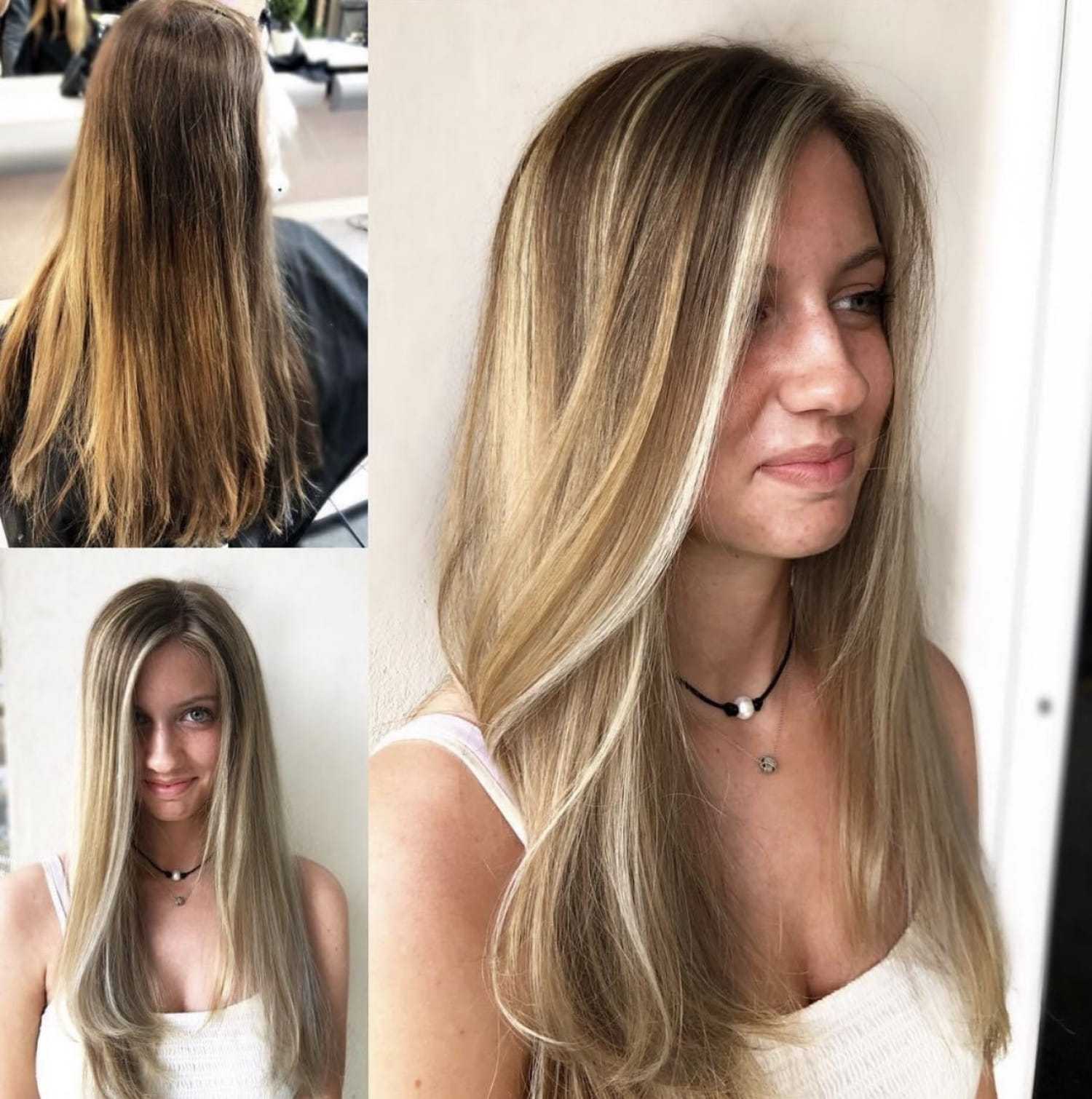 Woman showcasing long, straight blonde hair before and after salon styling transformation.