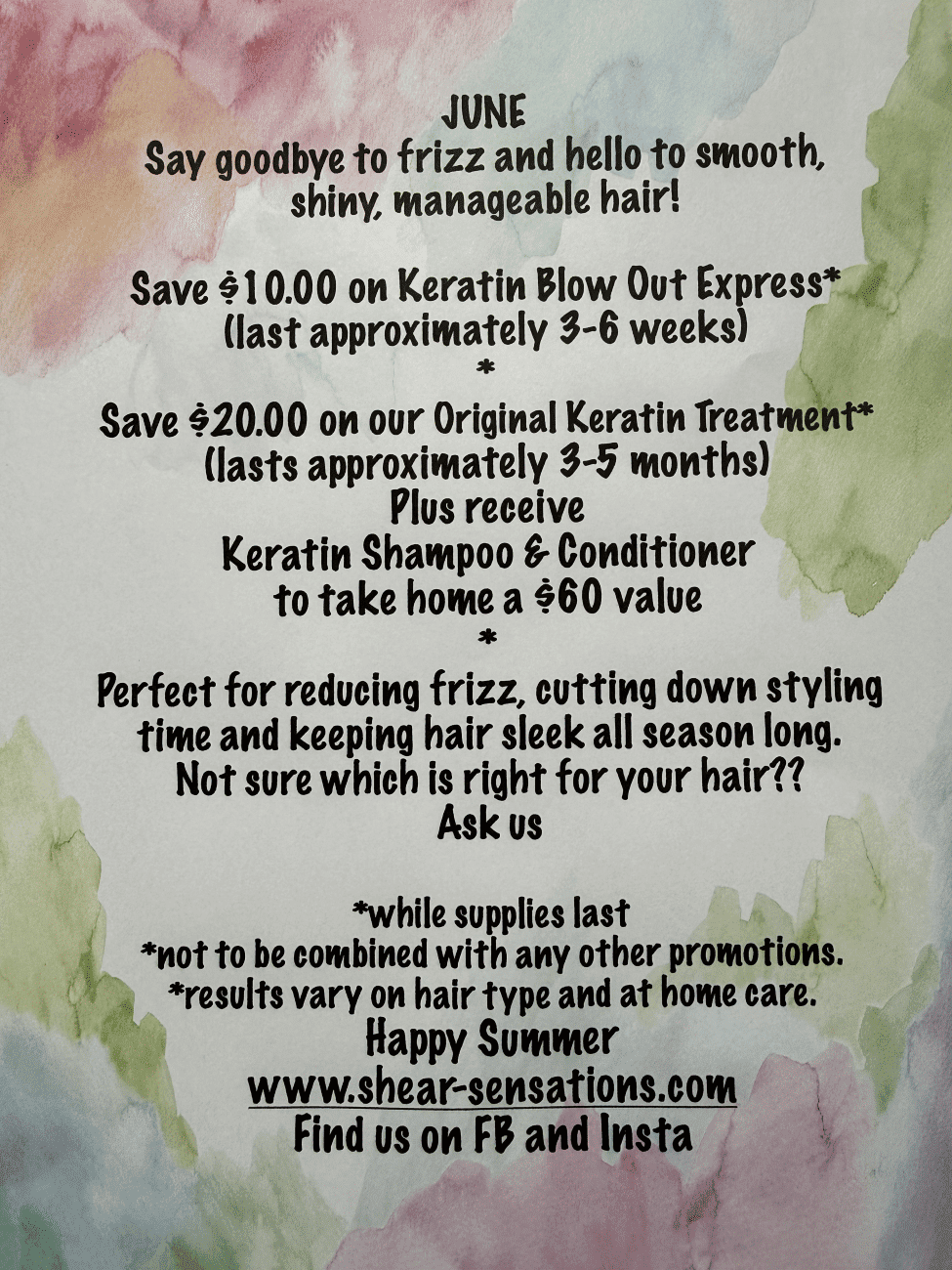 Summer hair sale: Discounts on keratin treatments and products. Visit shear-sensations.com.