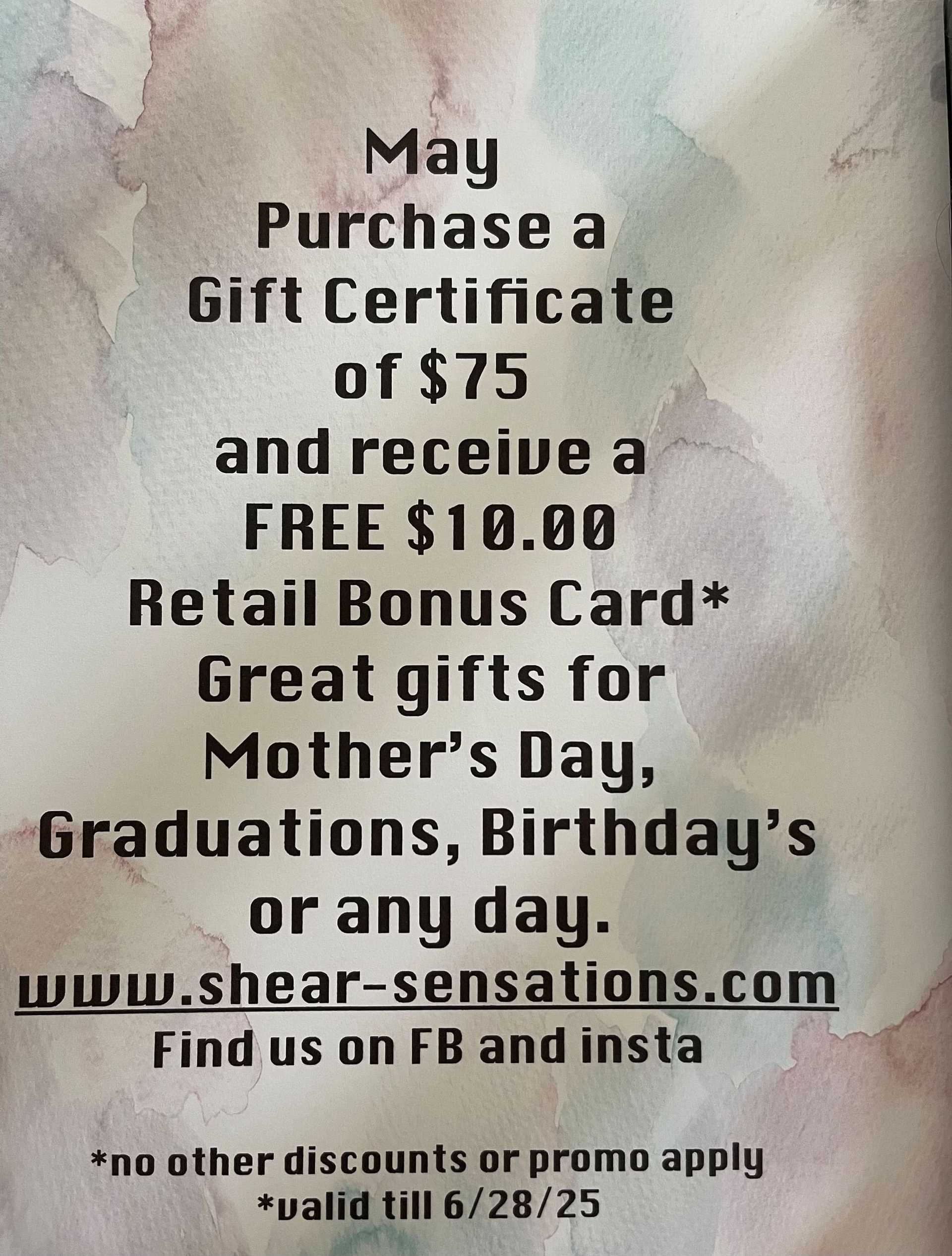 Gift certificate offer with bonus for various occasions until 6/28/25.