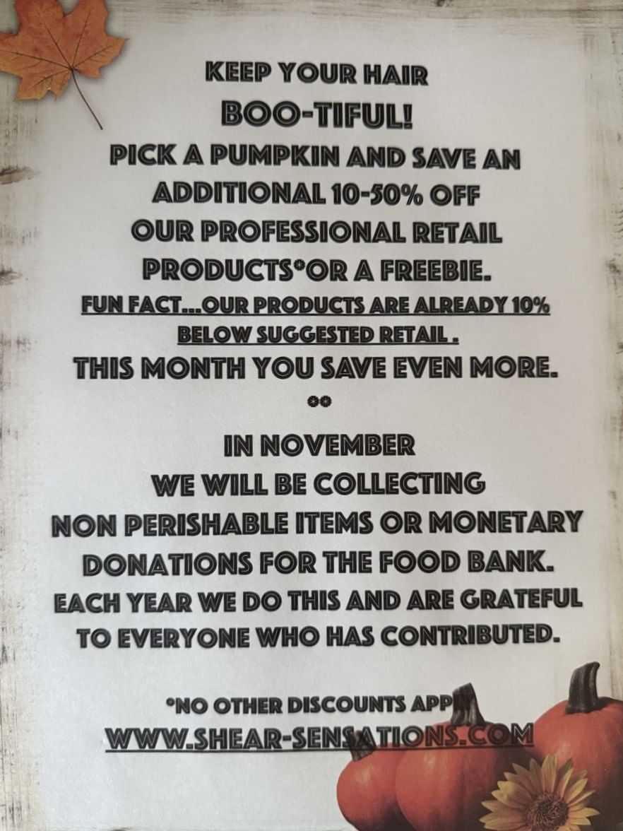 Hair salon promo: Pumpkin discount, food bank donations in November. Visit website for details.