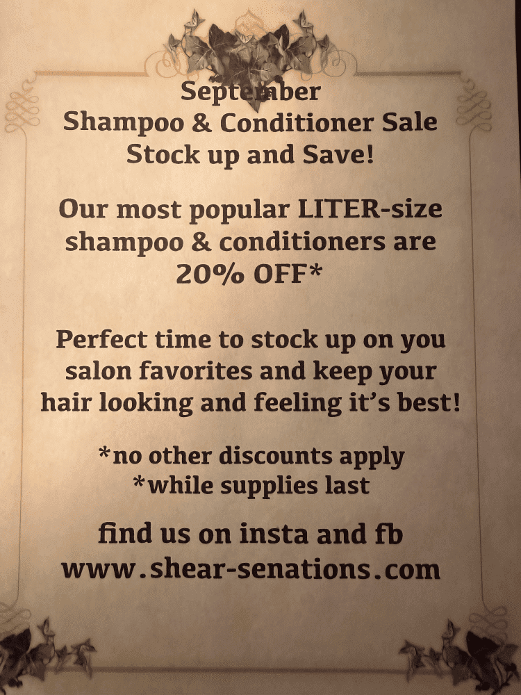 Shampoo & conditioner sale: 20% off liter-size. Stock up now! While supplies last.