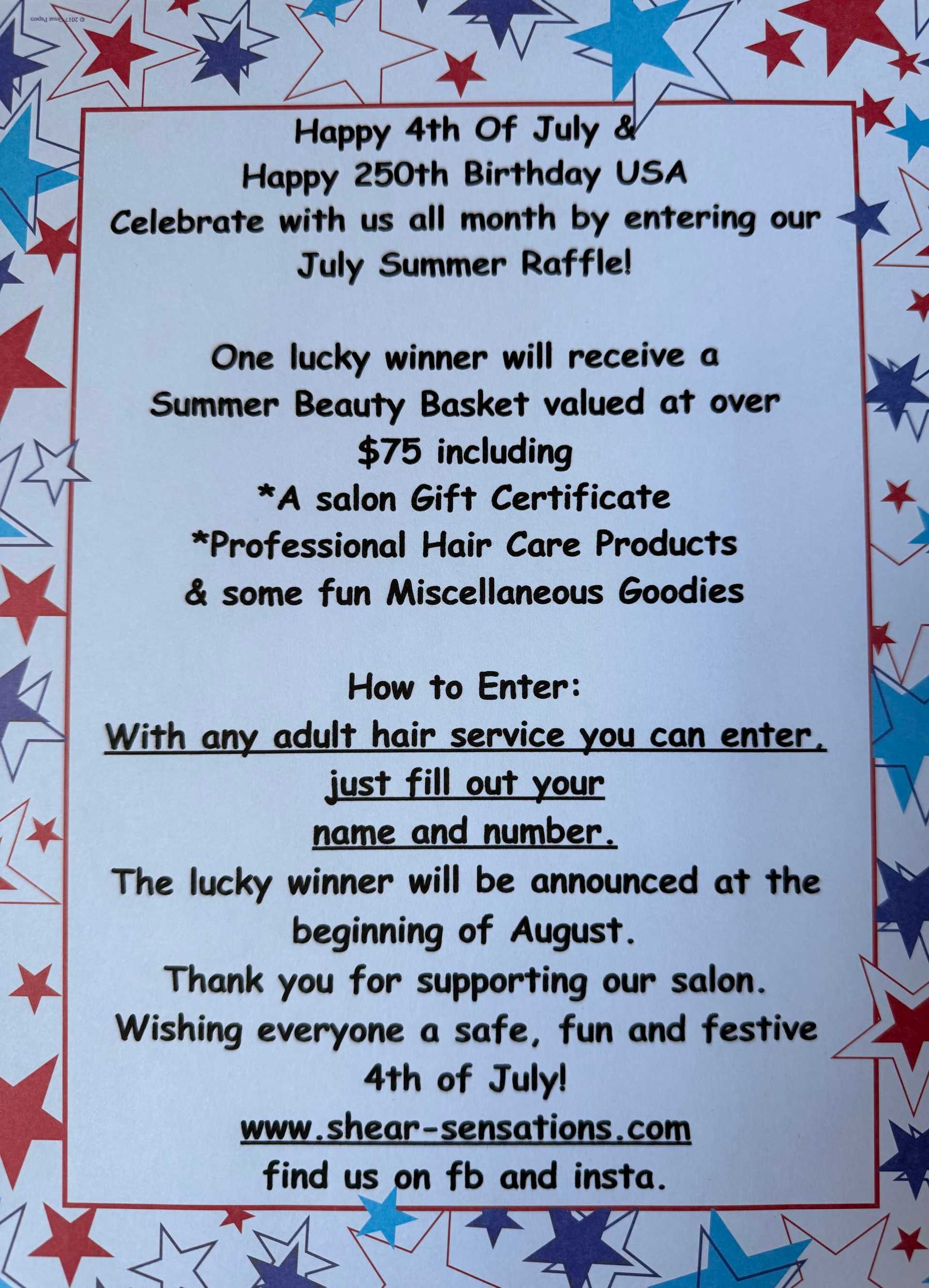 4th of July raffle poster with details on how to enter and prizes to win.