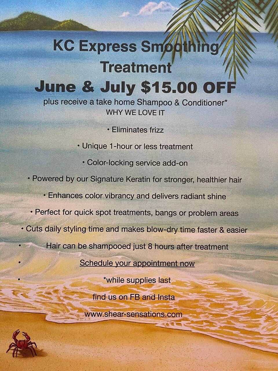 KC Express Smoothing: $15 off in June/July. Frizz-free, vibrant hair with Keratin treatment.