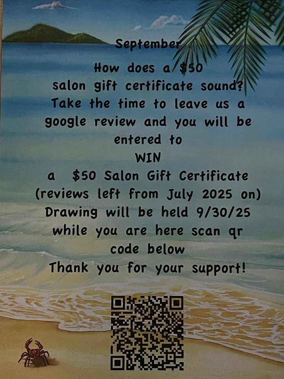 Win a $50 salon gift certificate by leaving a Google review. Scan QR code for details.
