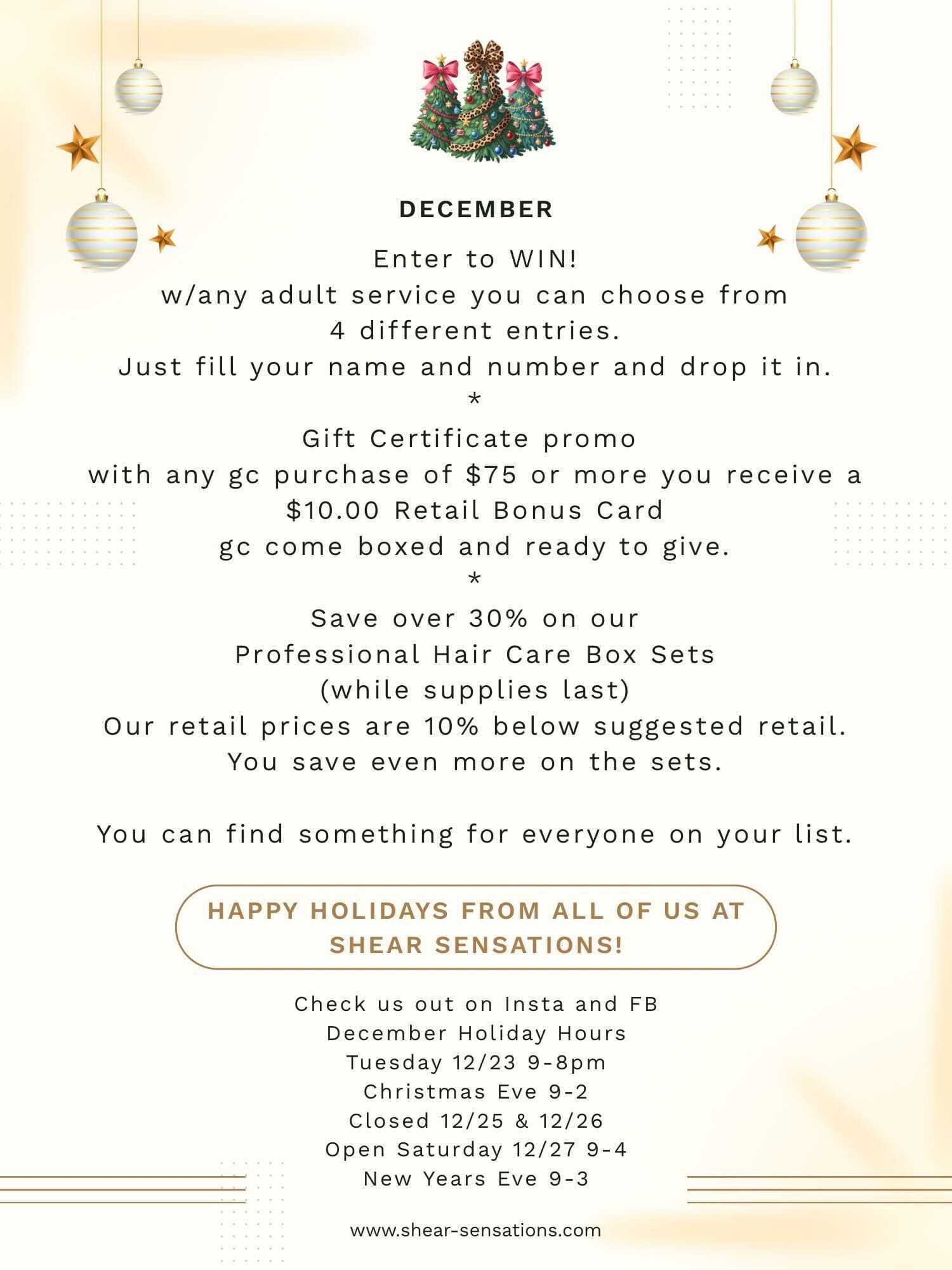 December offers and holiday hours at Shear Sensations, plus a chance to win a gift.